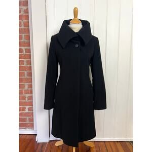 Cole Haan Wool Cashmere Long Coat Black Funnel Collar Womens 8 Old Money